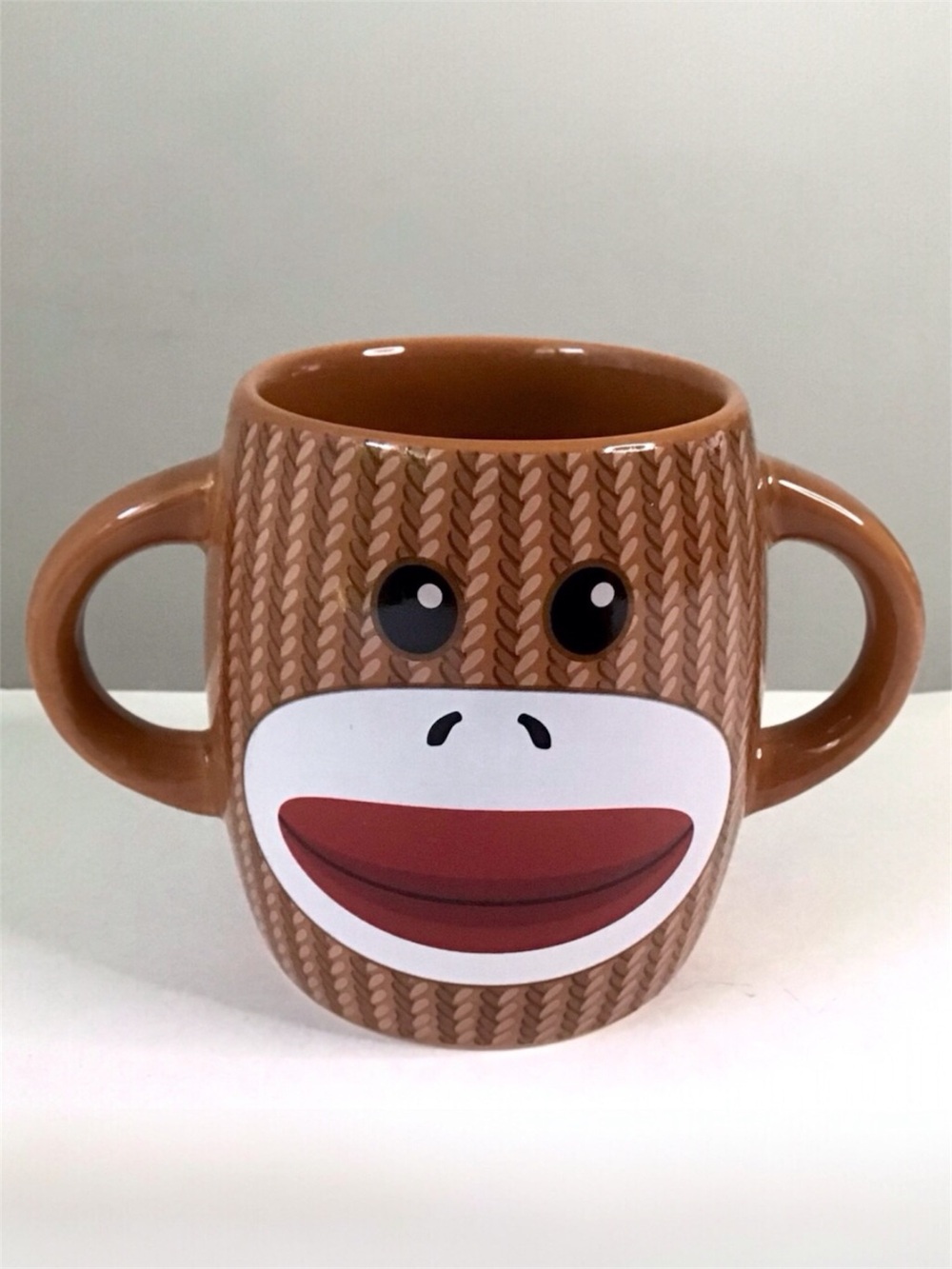 Galerie Sock Monkey Mug Ceramic Two-Handle Design Brown Knit Pattern Excellent
